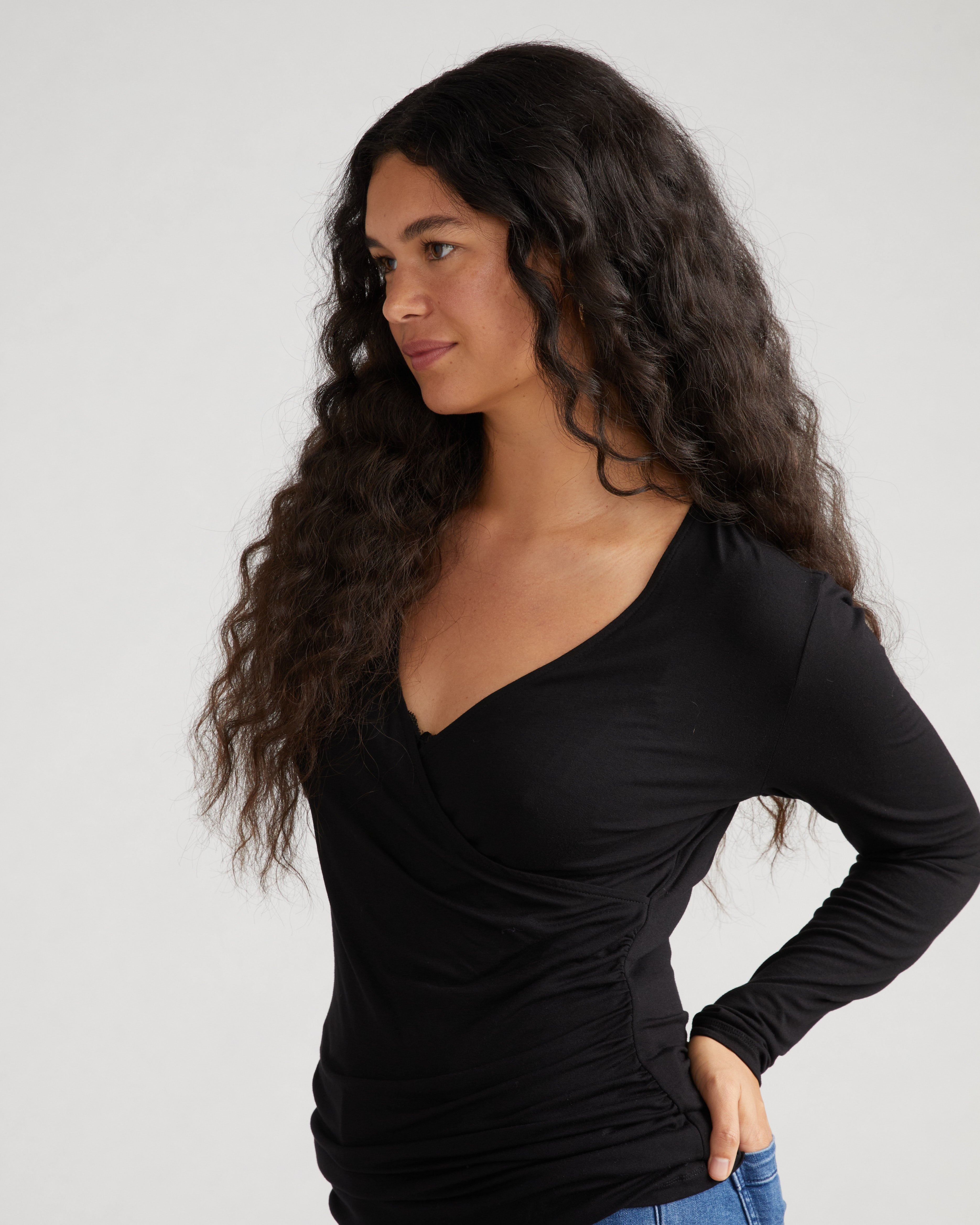 Liquid Jersey Two-Way Long Sleeve Cross Top - Black