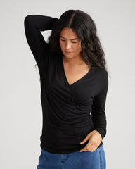 Liquid Jersey Two-Way Long Sleeve Cross Top - Black