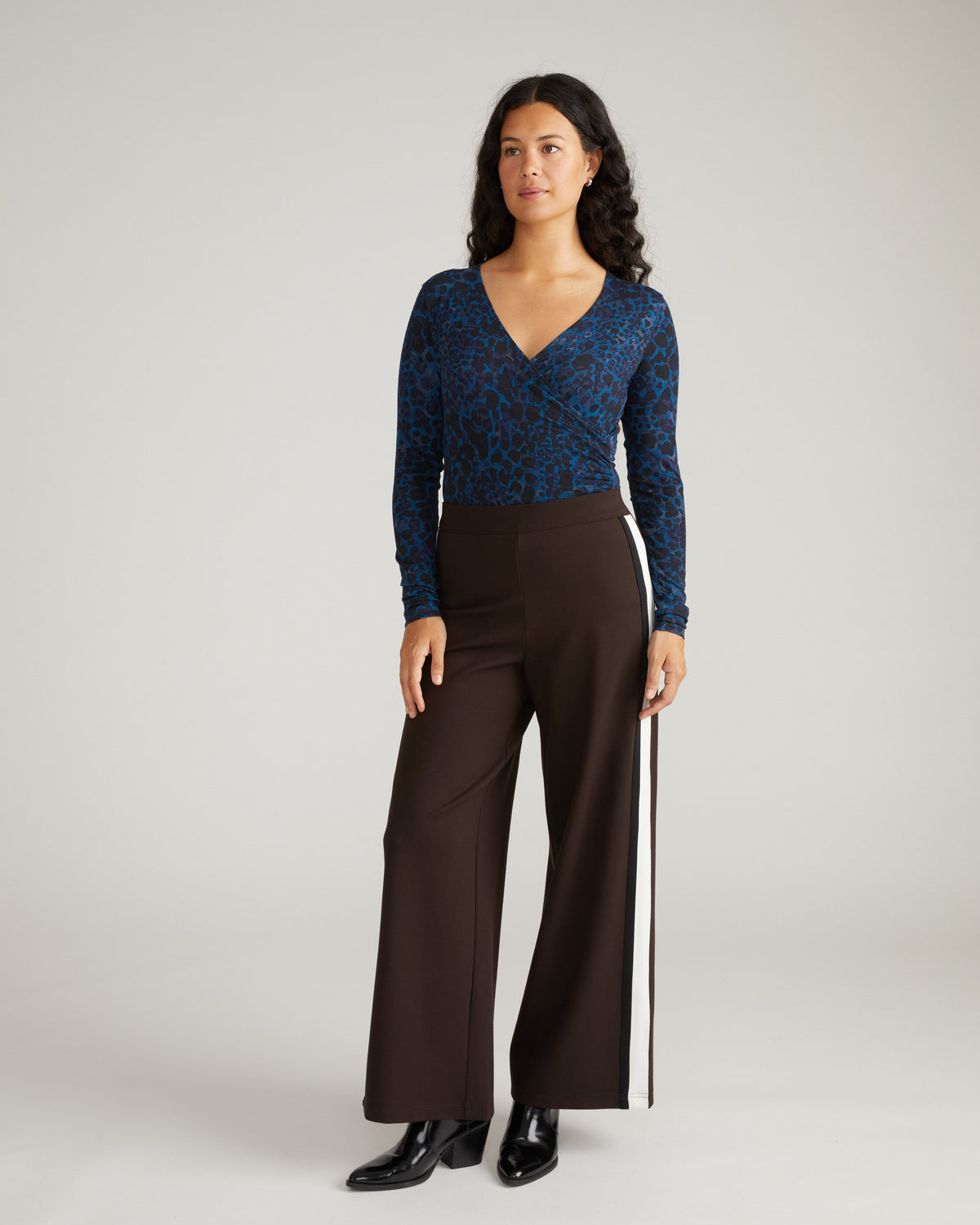 Liquid Jersey Two-Way Long Sleeve Cross Top - Deep Teal Animal Print