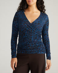 Liquid Jersey Two-Way Long Sleeve Cross Top - Deep Teal Animal Print