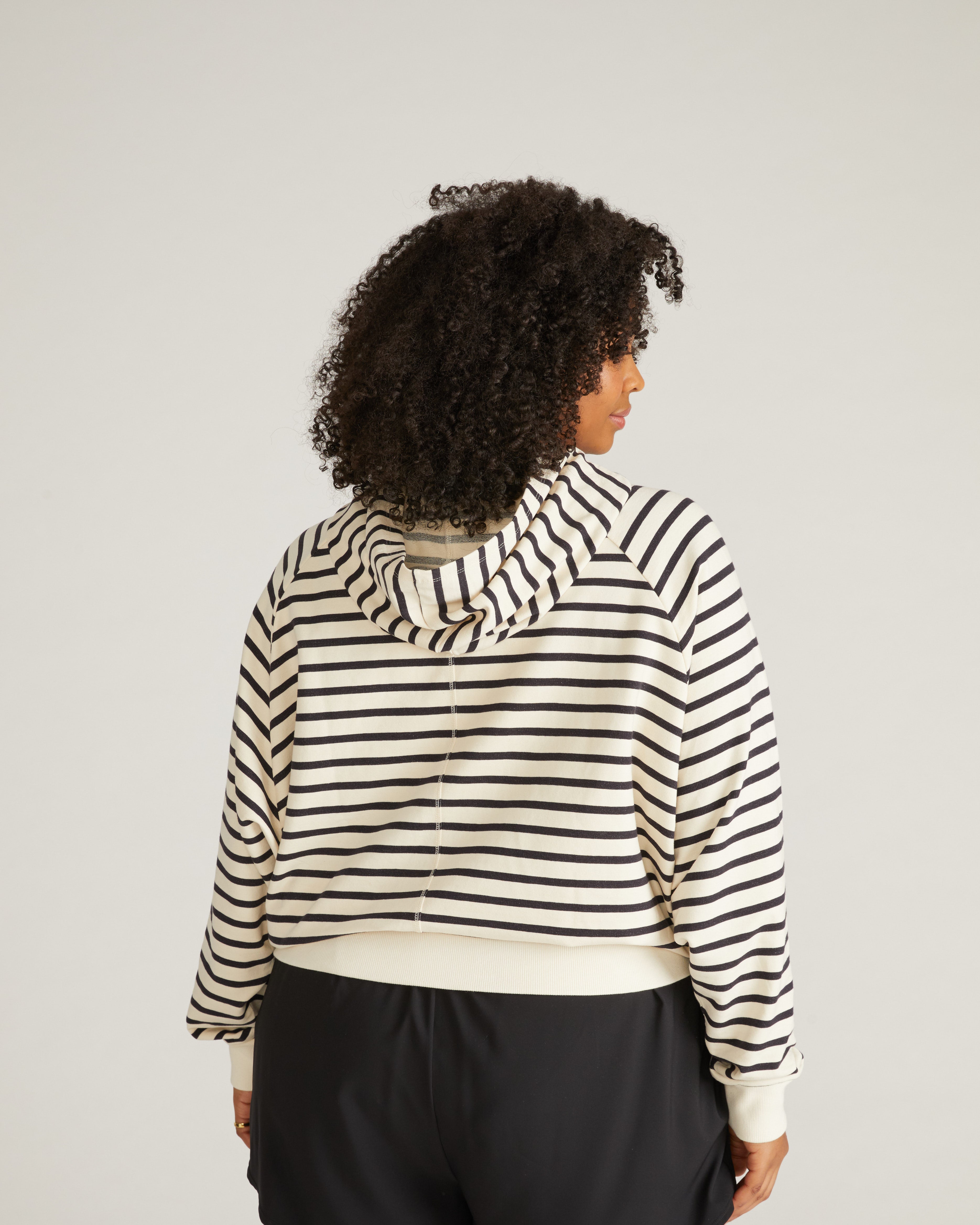 French Terry Pullover Hoodie - Ecru/Black Stripe