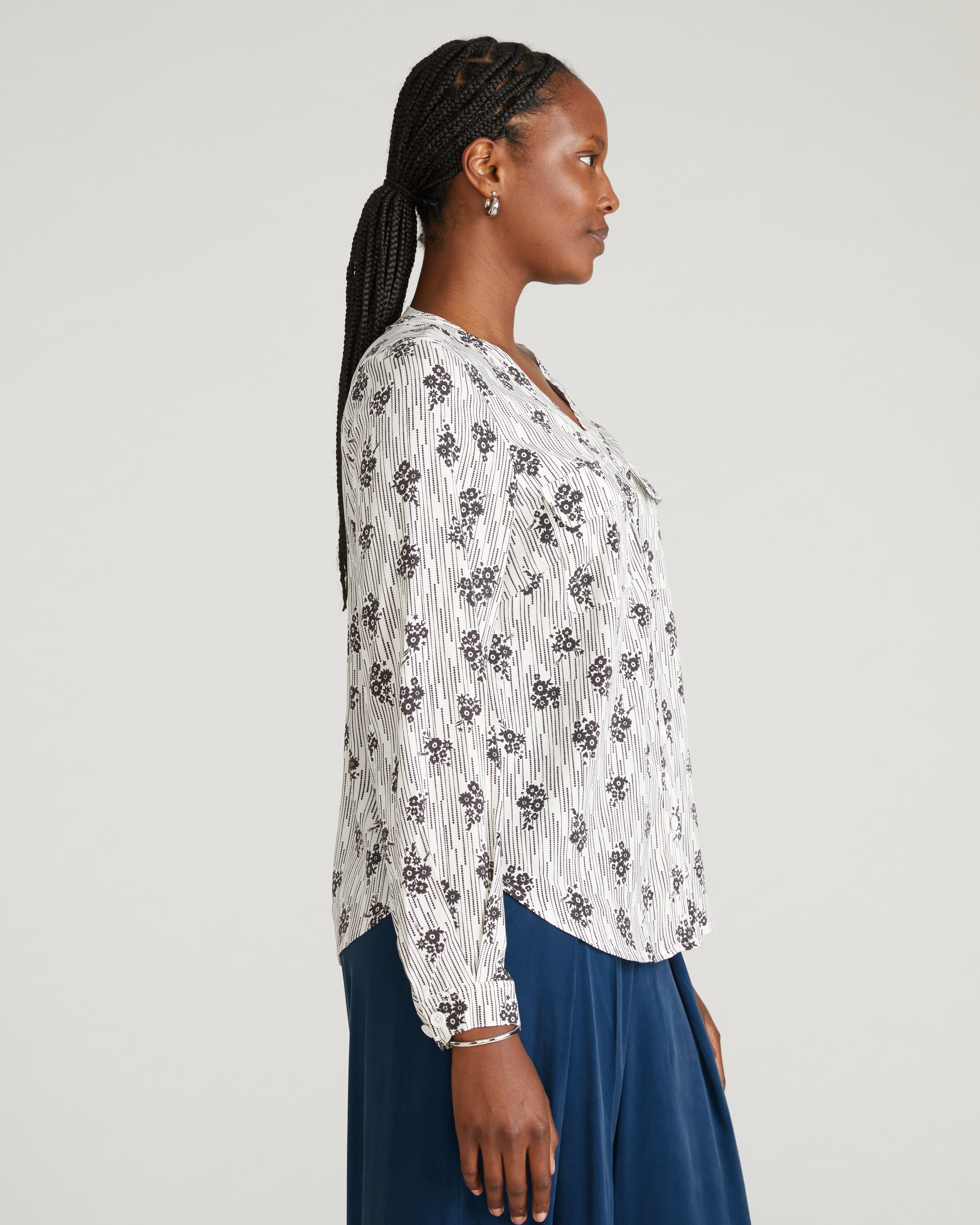 Cooling Stretch Cupro Button-Down Blouse - Vintage Daydream Print