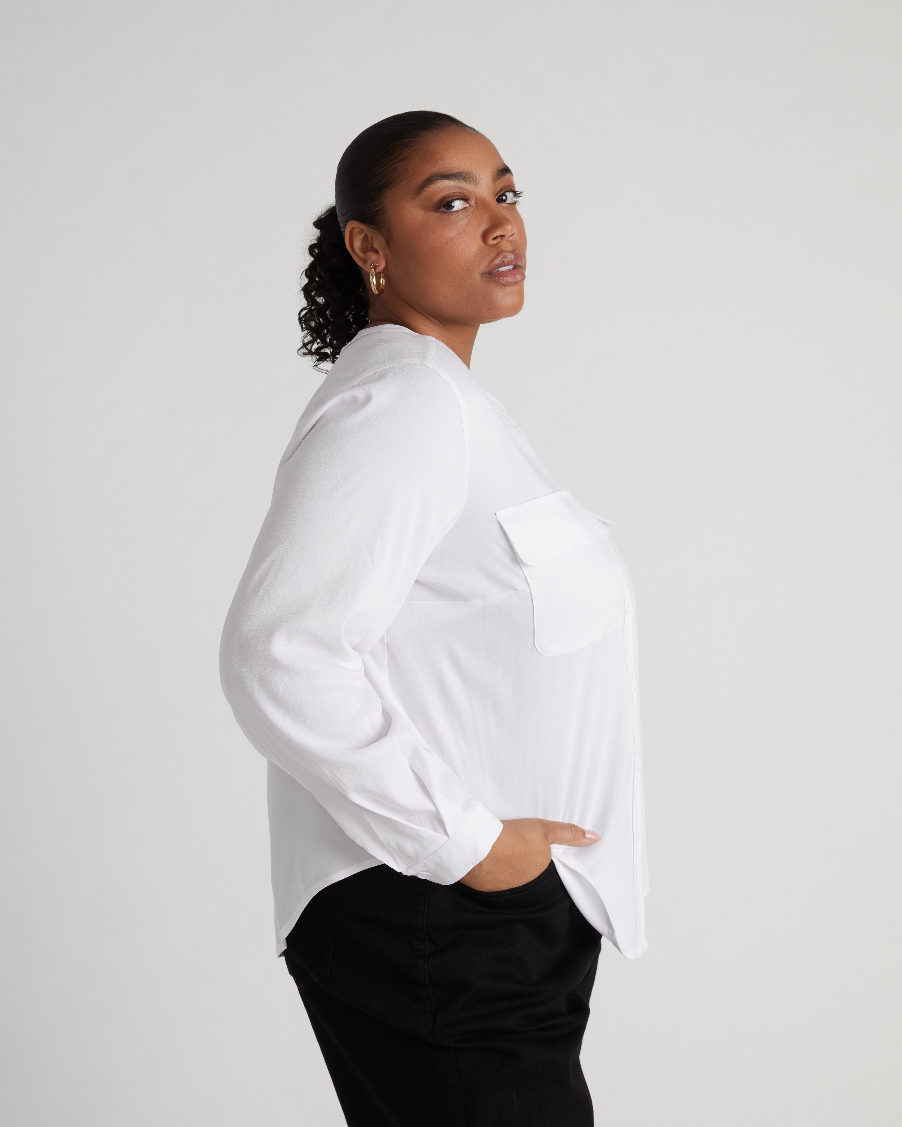 Cooling Stretch Cupro Button-Down Blouse - White