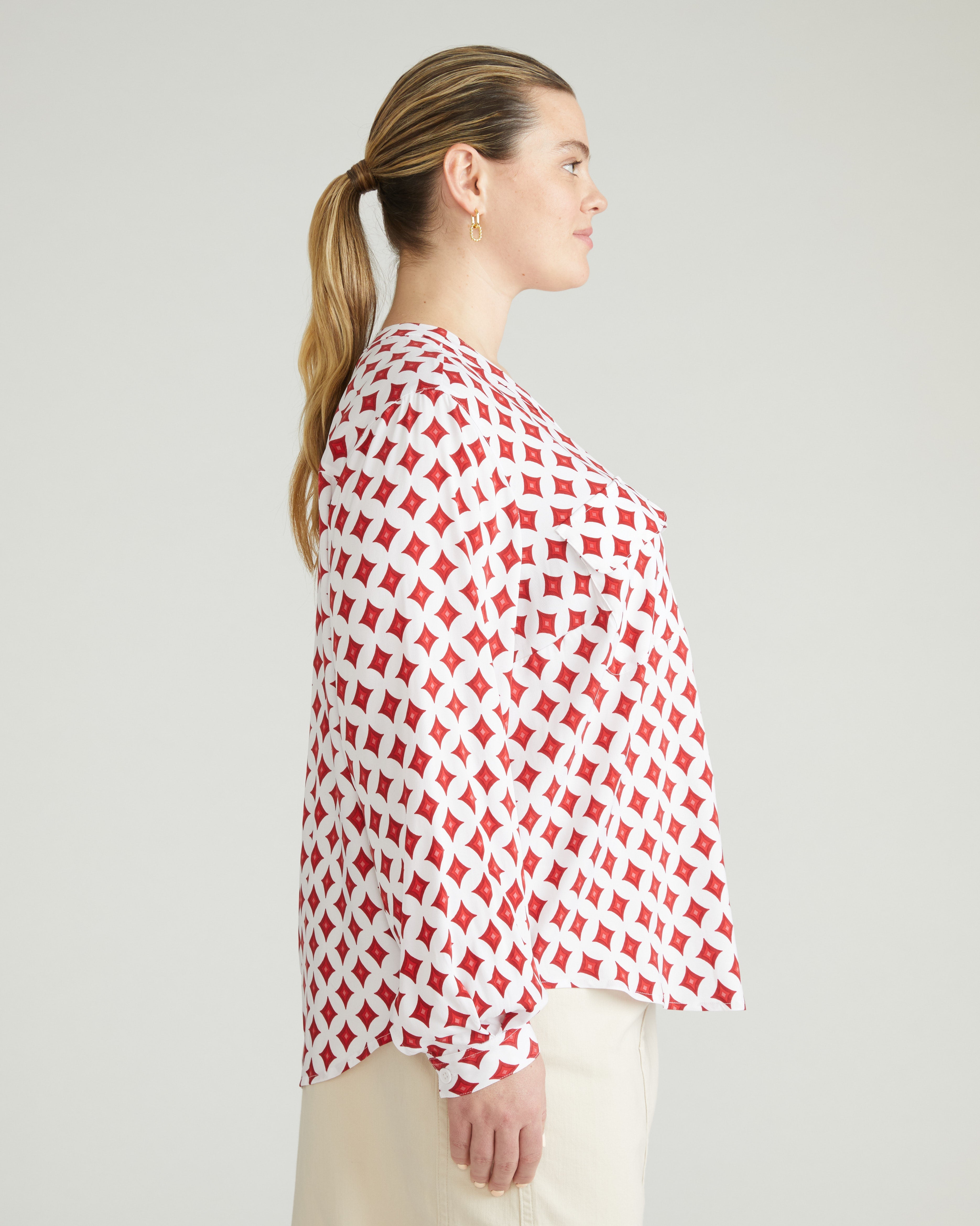 Cooling Stretch Cupro Button-Down Blouse - Morningstar Print in Red