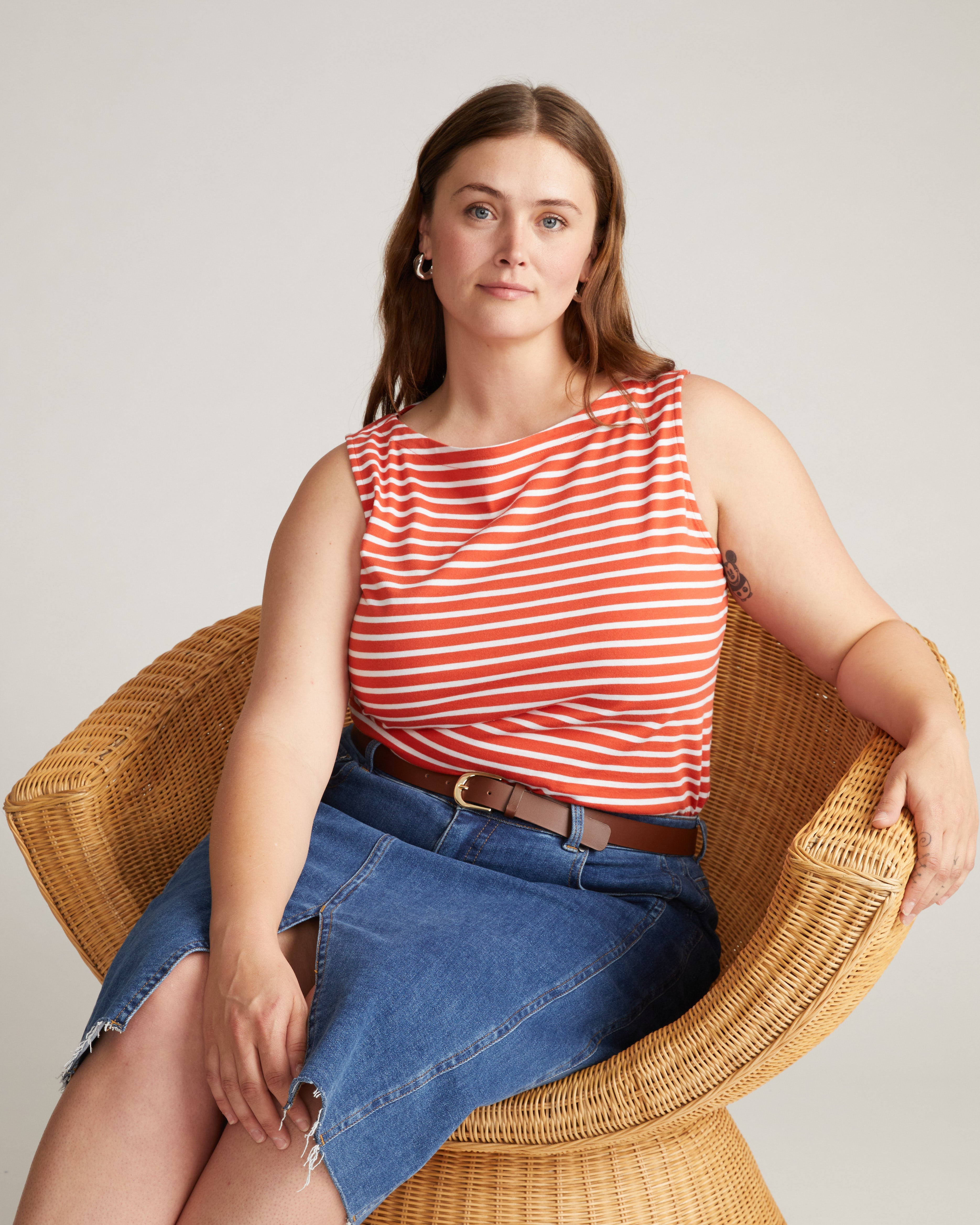 Noyack Breton Stripe Boatneck Tank - Coral Reef/White Stripe