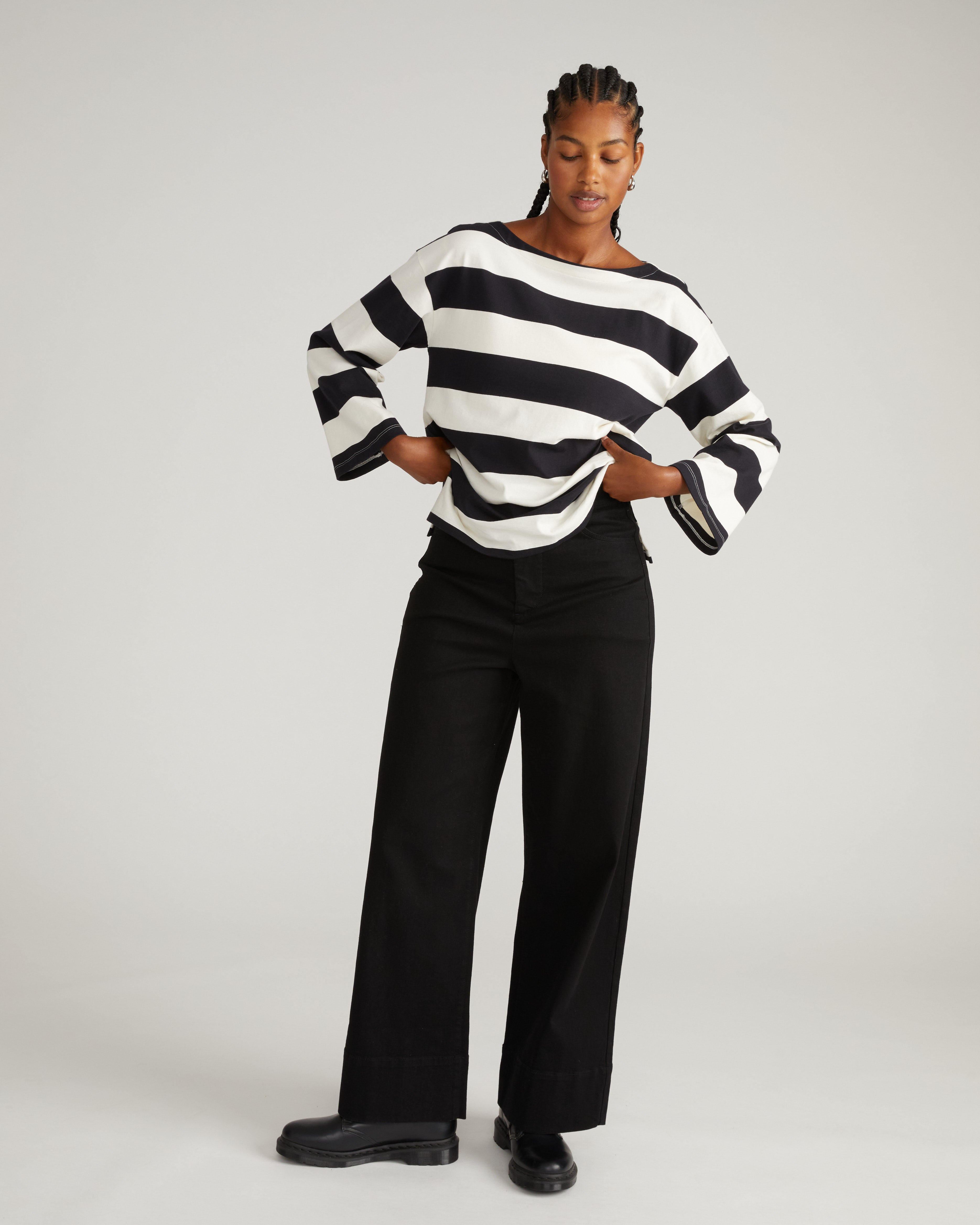 Montauk Breton Stripe Bell Sleeve Top - Ecru/Black Rugby Stripe