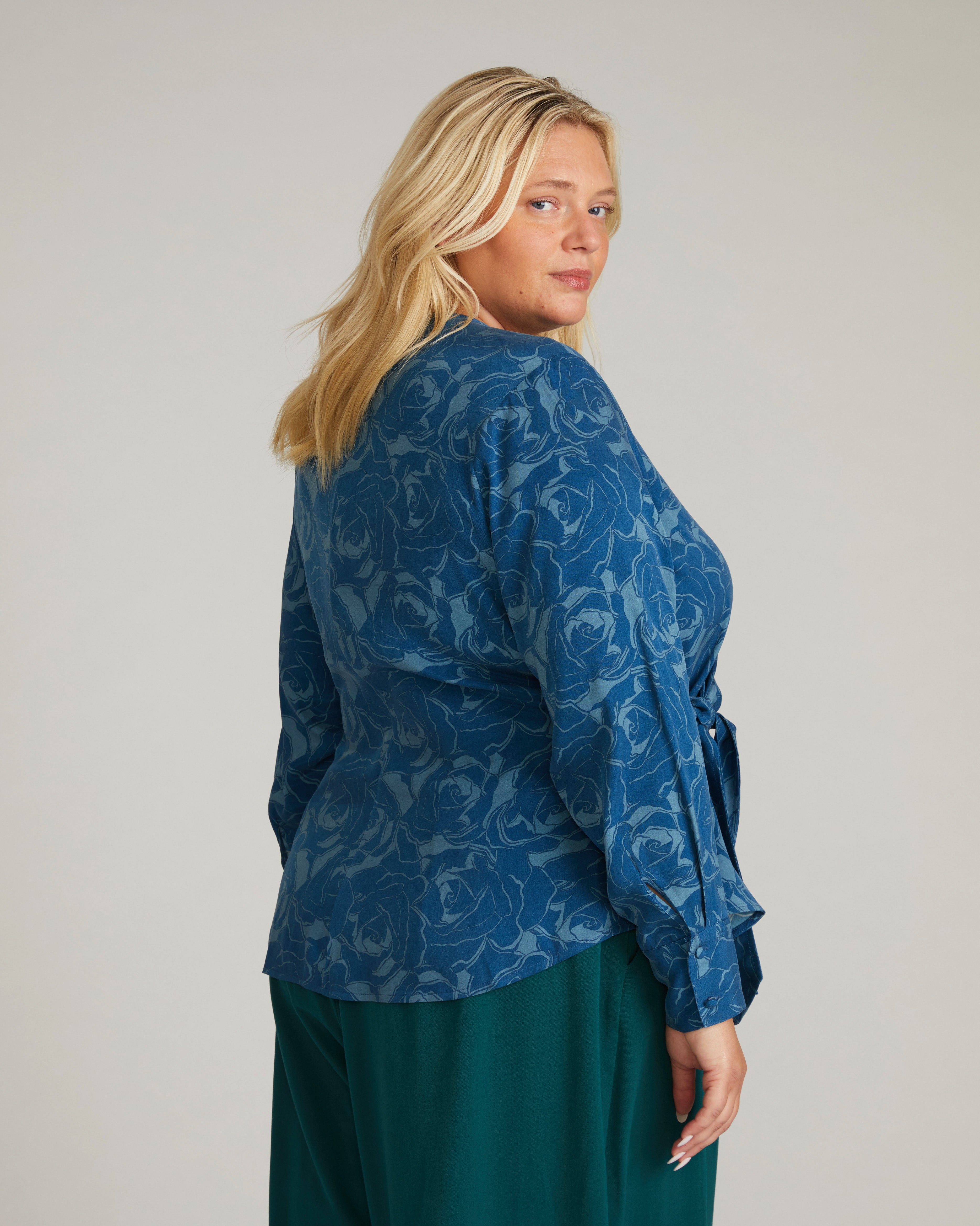 Beacon Stretch Cupro Wrap Shirt - Rose Print in Deep Teal