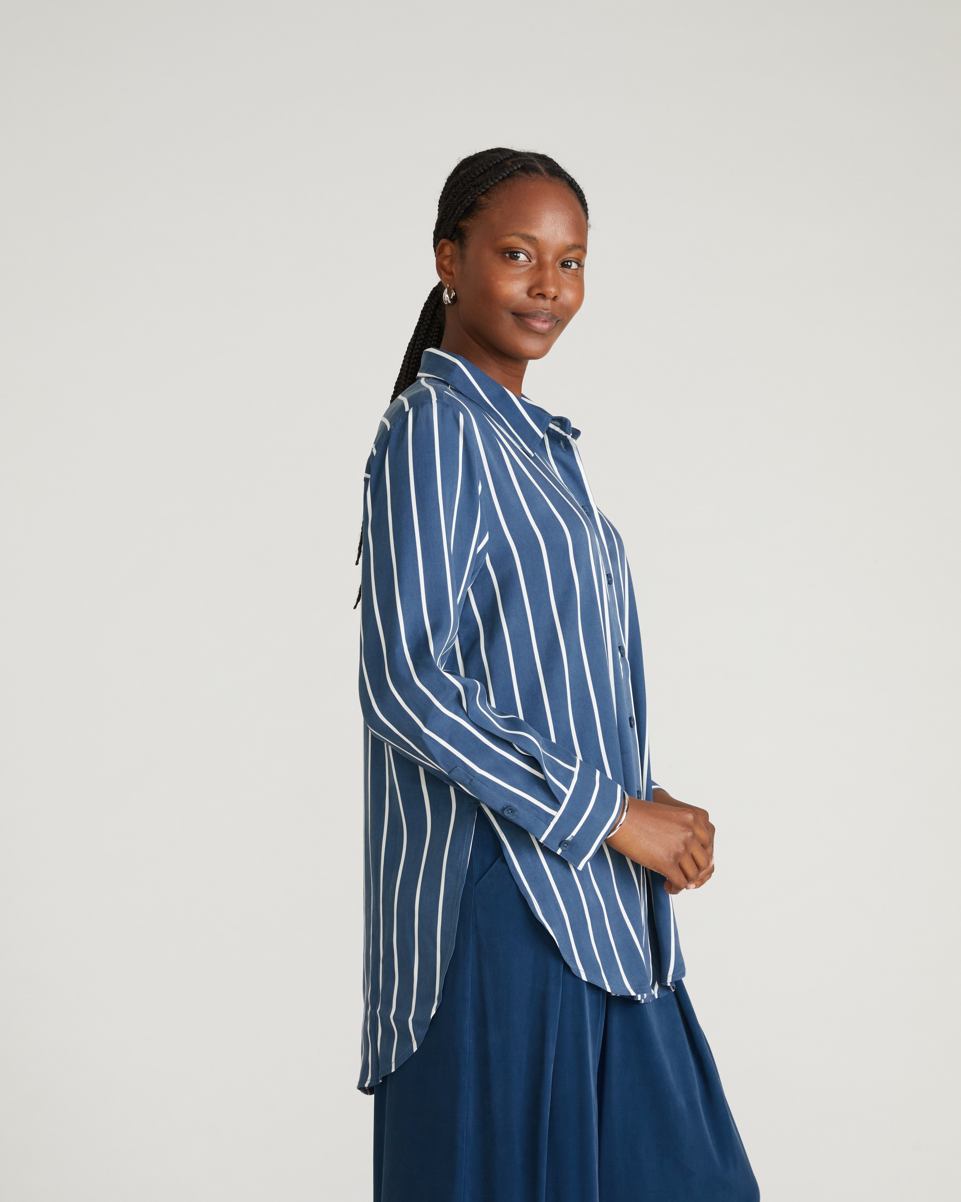 Cooling Stretch Cupro Artist Shirt - Ensign Blue/White Stripe