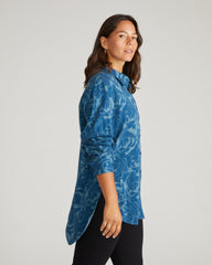 Cooling Stretch Cupro Artist Shirt - Rose Print in Deep Teal