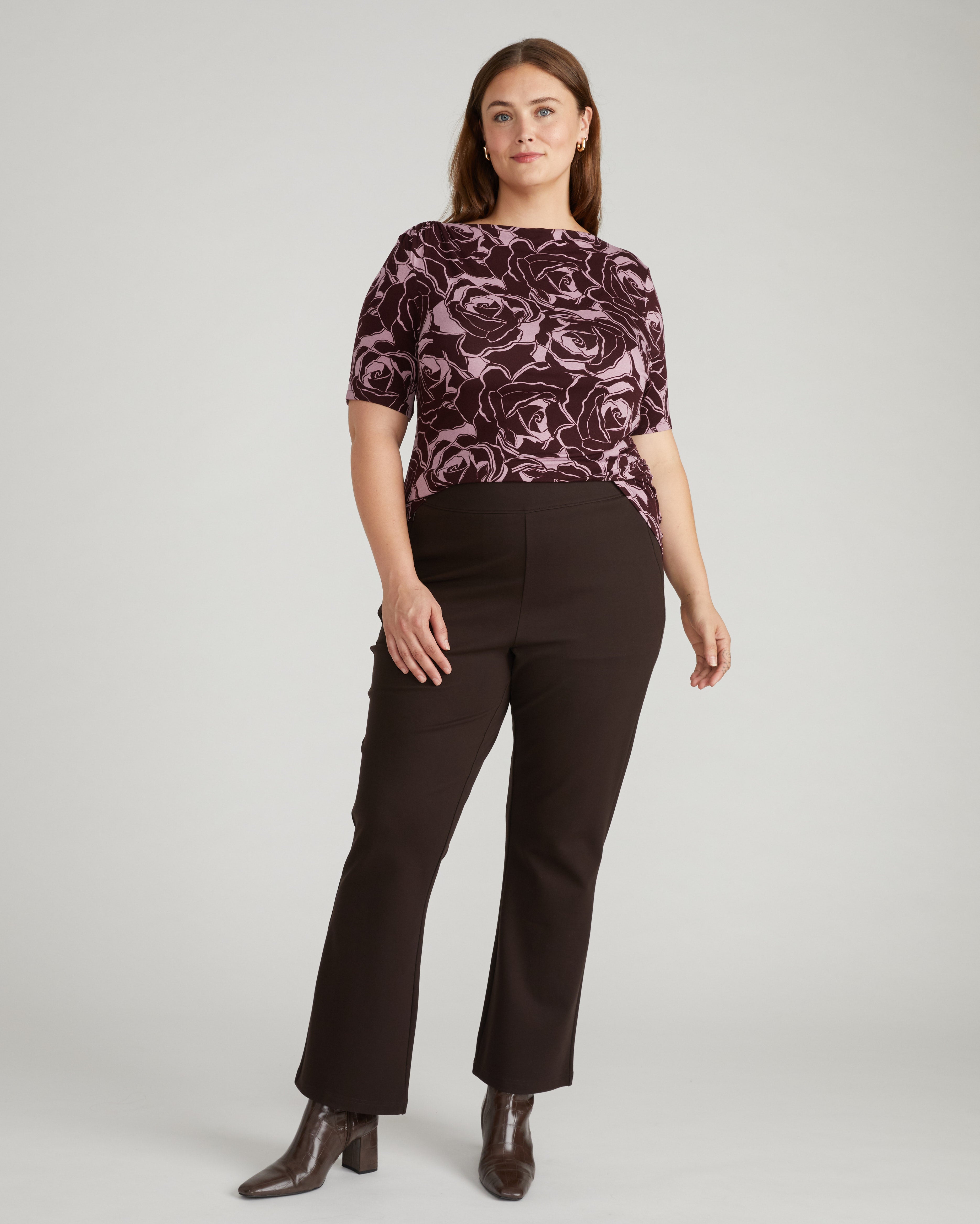 Louise Short Sleeve Liquid Jersey Top - Rose Print in Black Cherry