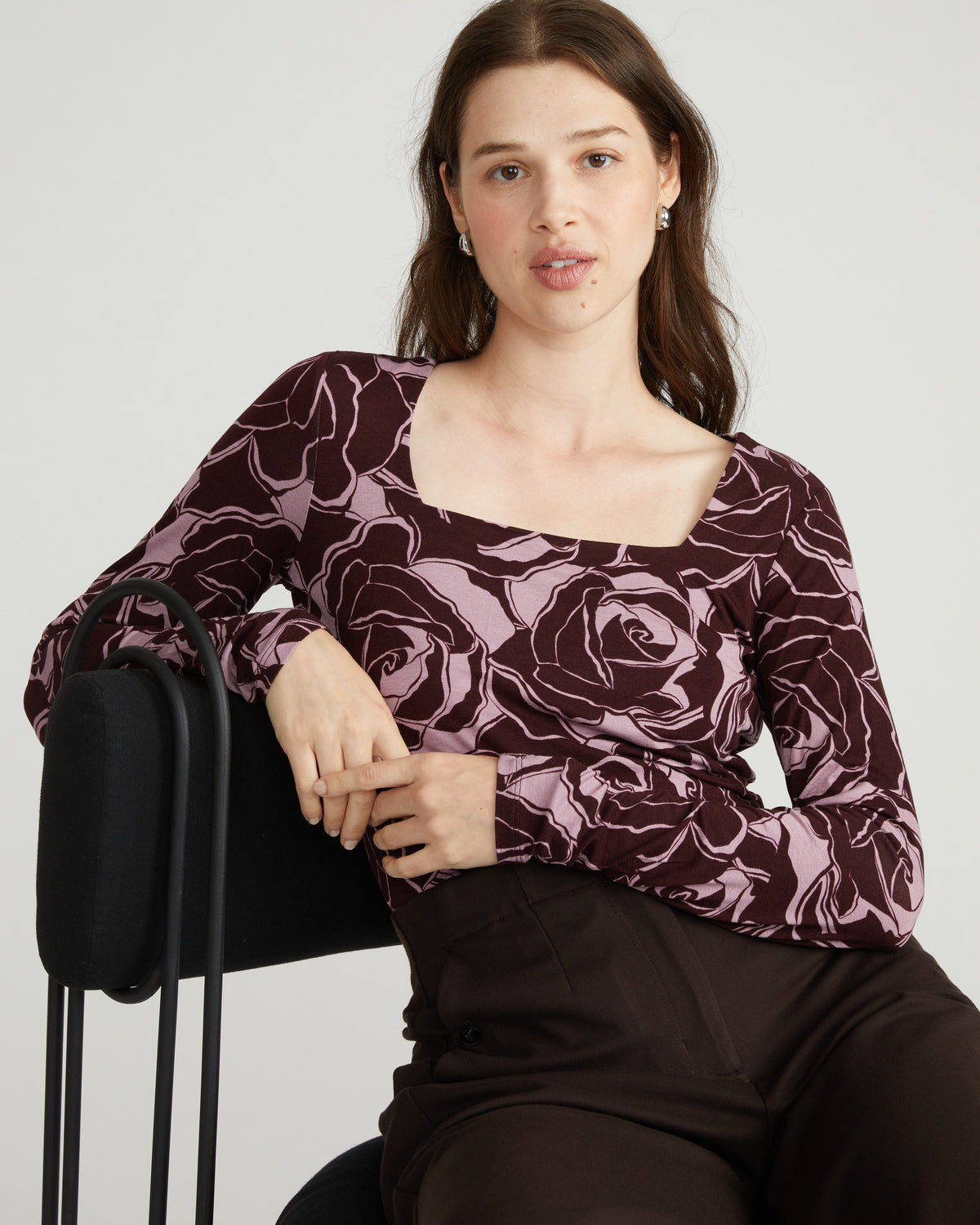 Agatha Liquid Jersey Top - Rose Print in Black Cherry