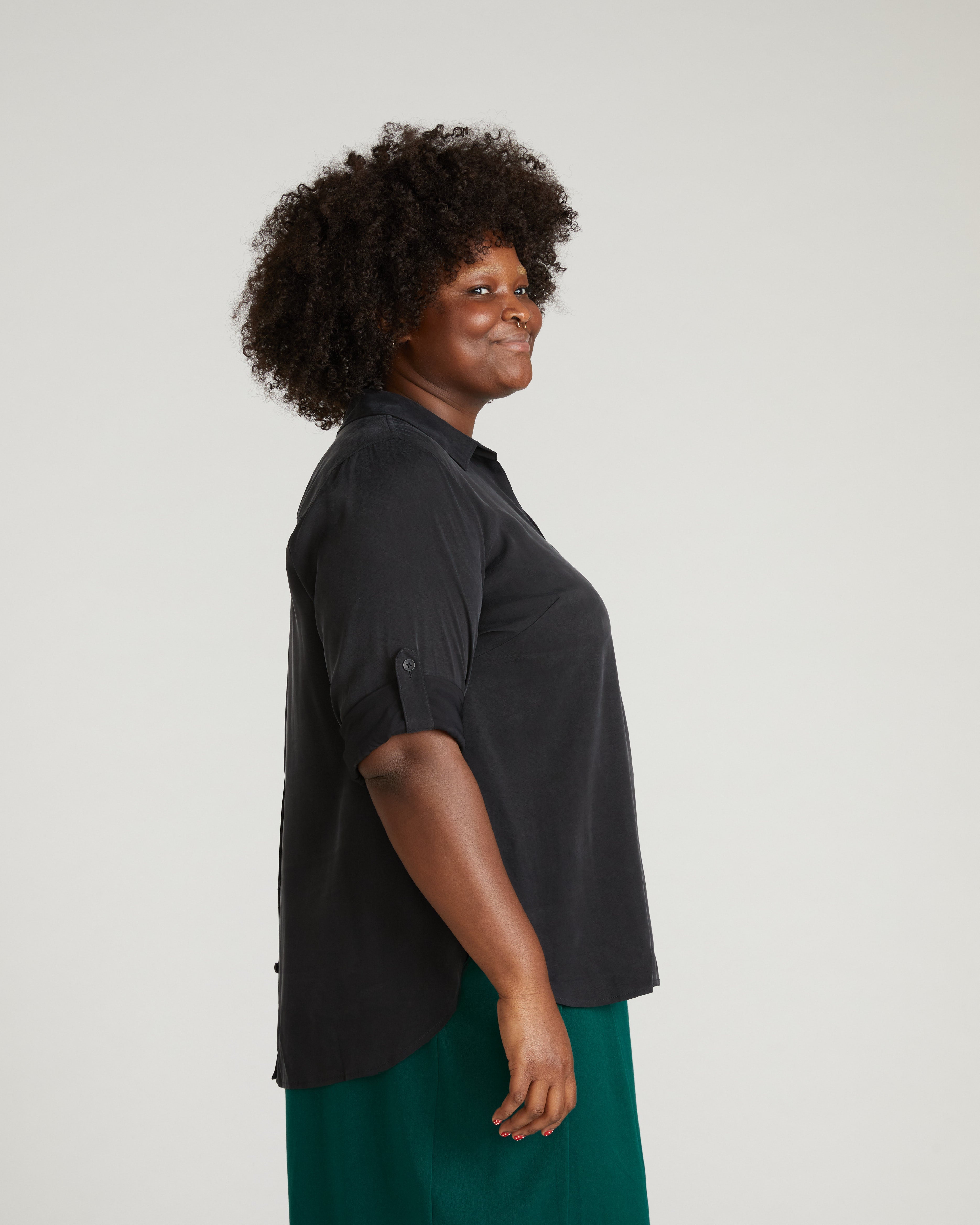 Button Back Stretch Cupro Polo Shirt - Black