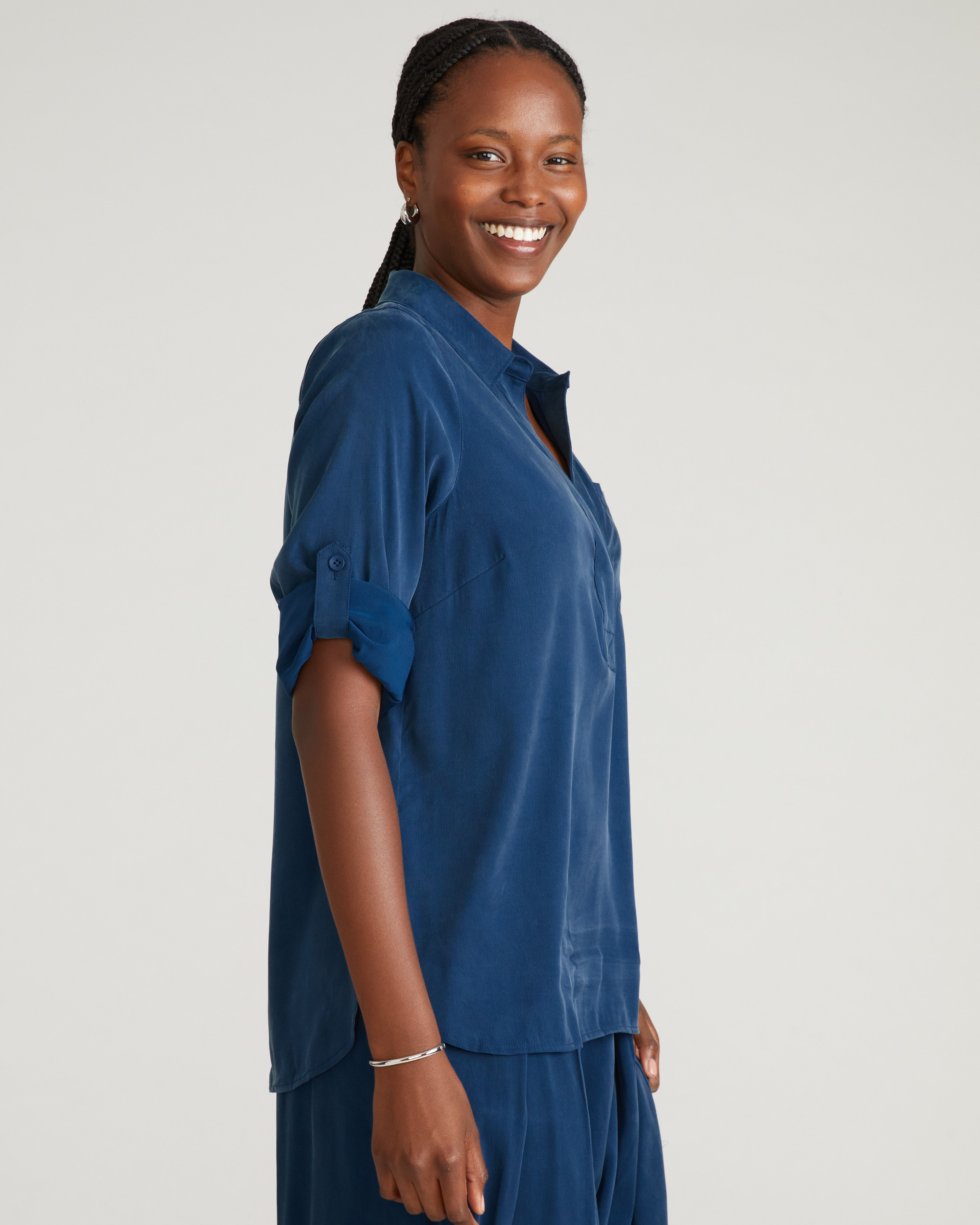Button Back Stretch Cupro Polo Shirt - Pageant Blue