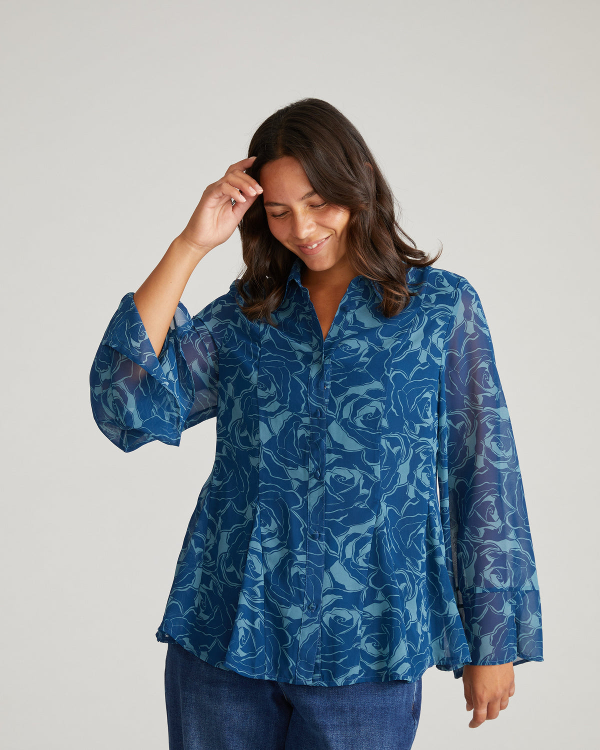 Evie Chiffon Blouse - Rose Print in Deep Teal