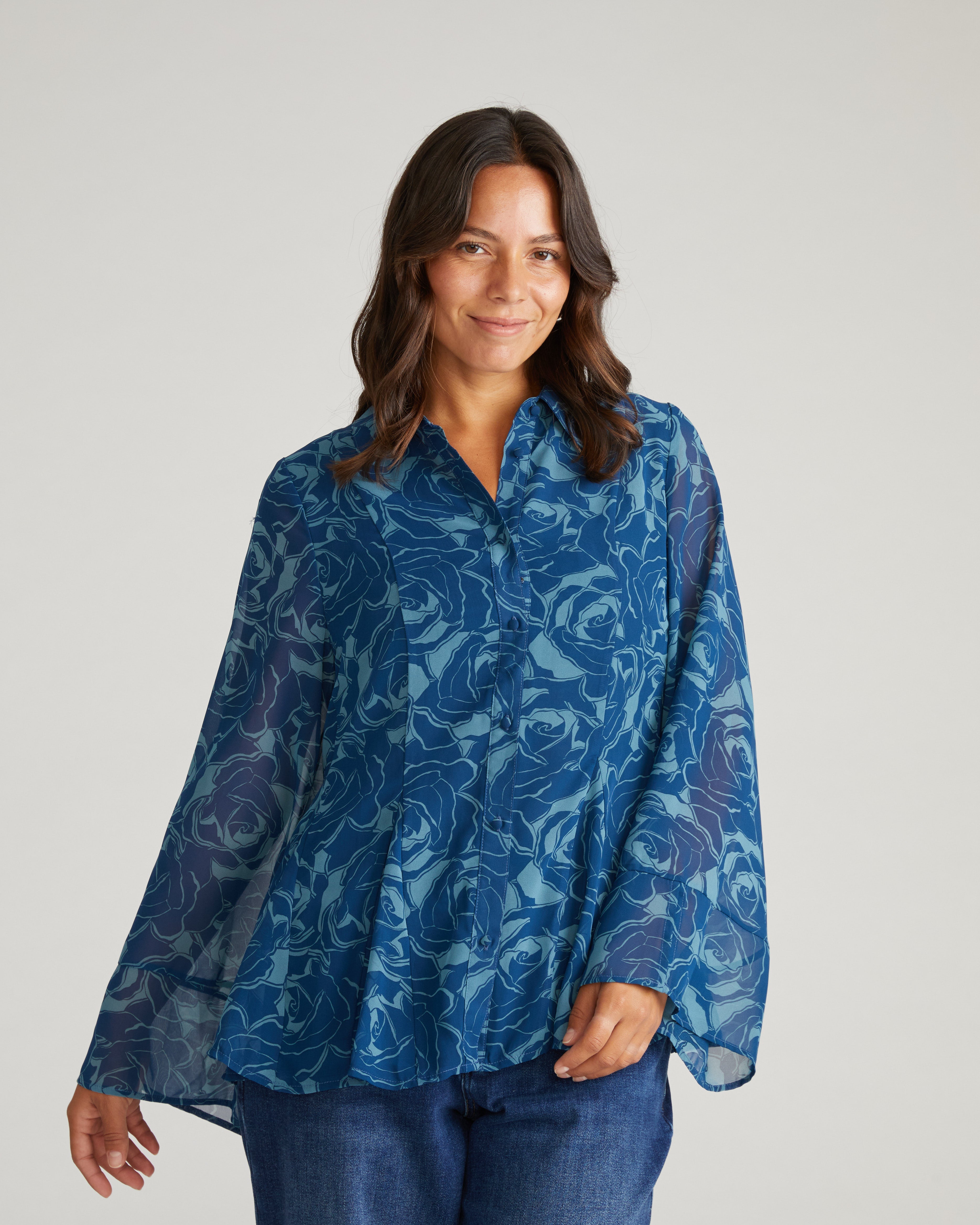 Evie Chiffon Blouse - Rose Print in Deep Teal