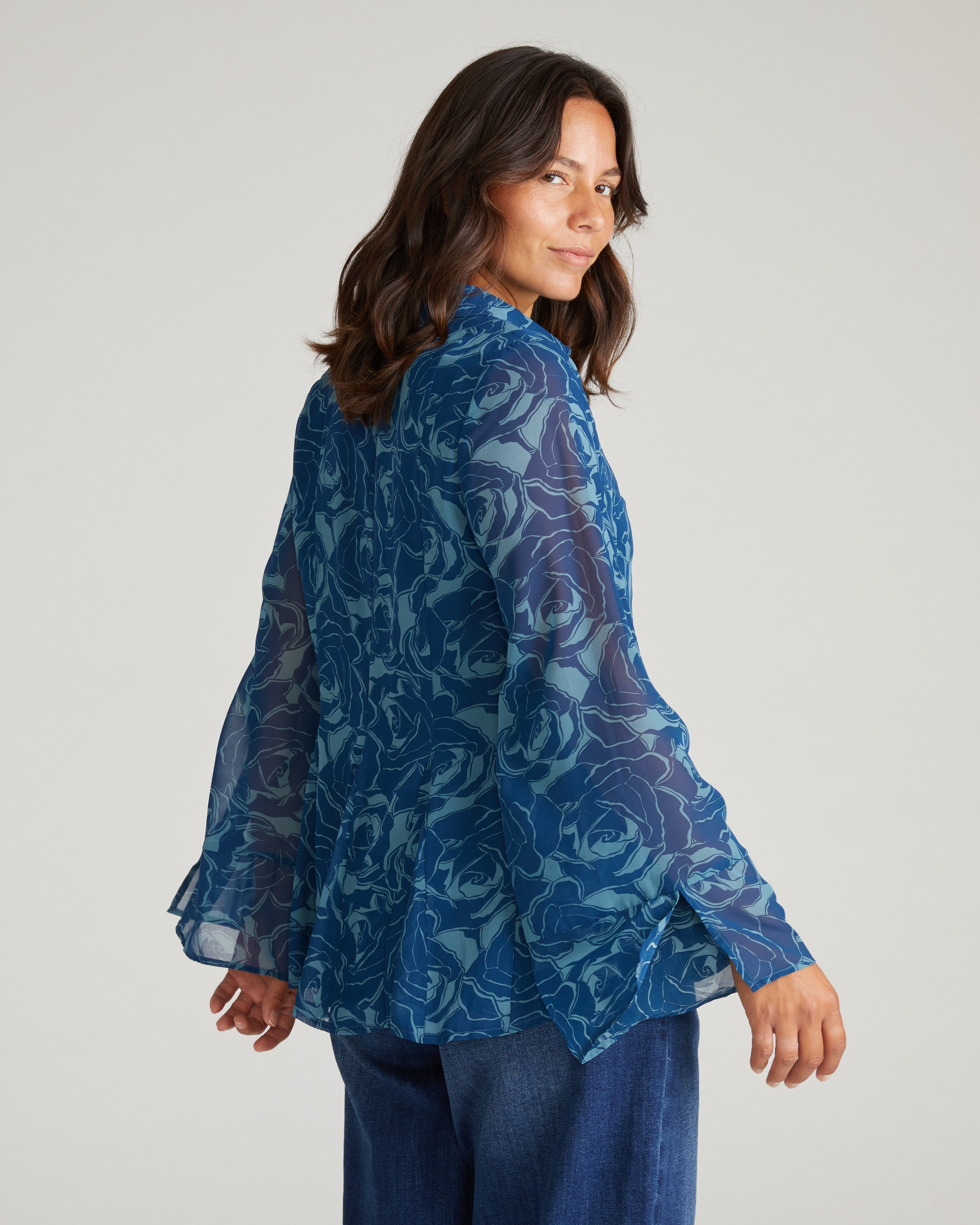 Evie Chiffon Blouse - Rose Print in Deep Teal