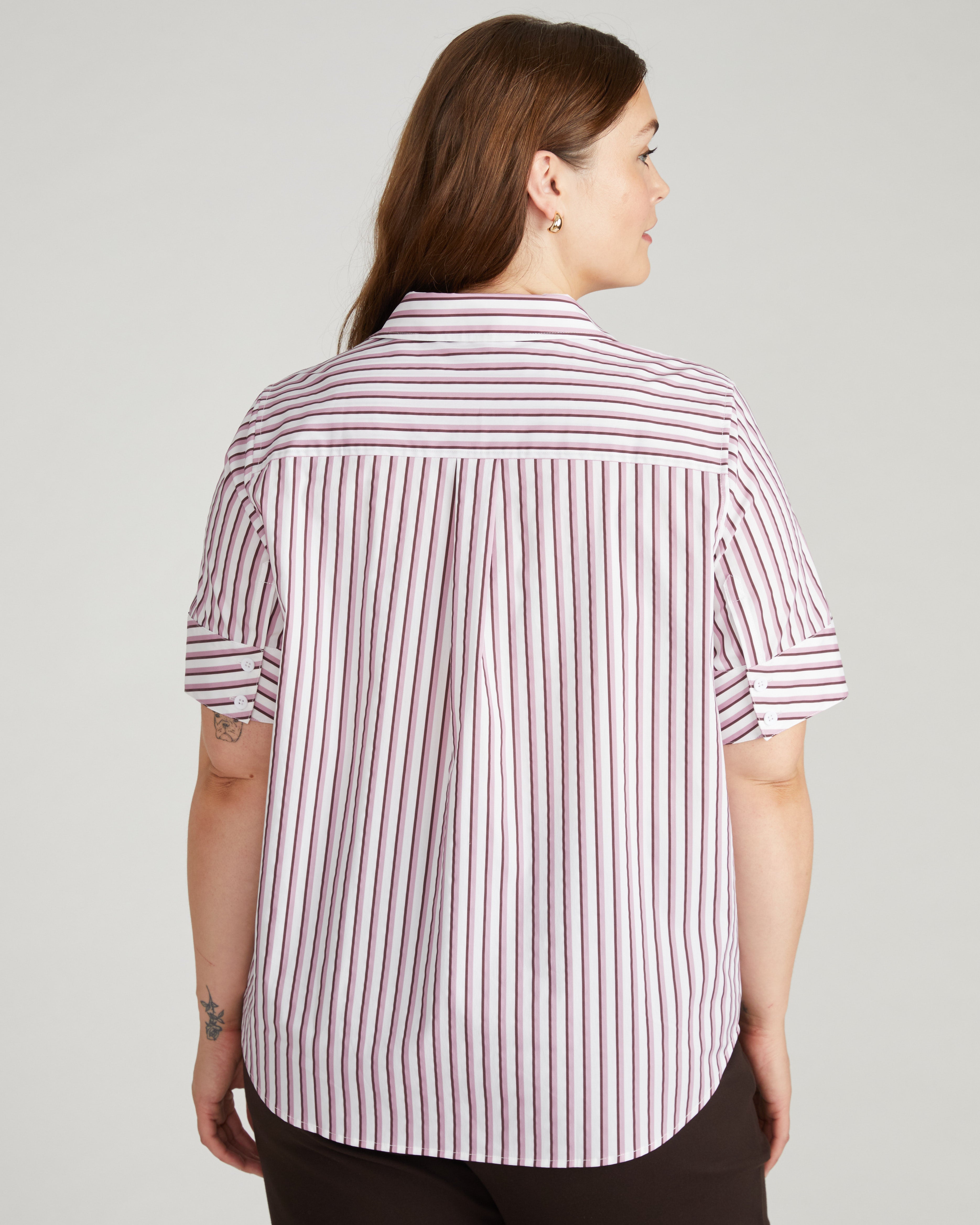 Elbe Stretch Poplin Short Sleeve Shirt - Lilac Multi Stripe