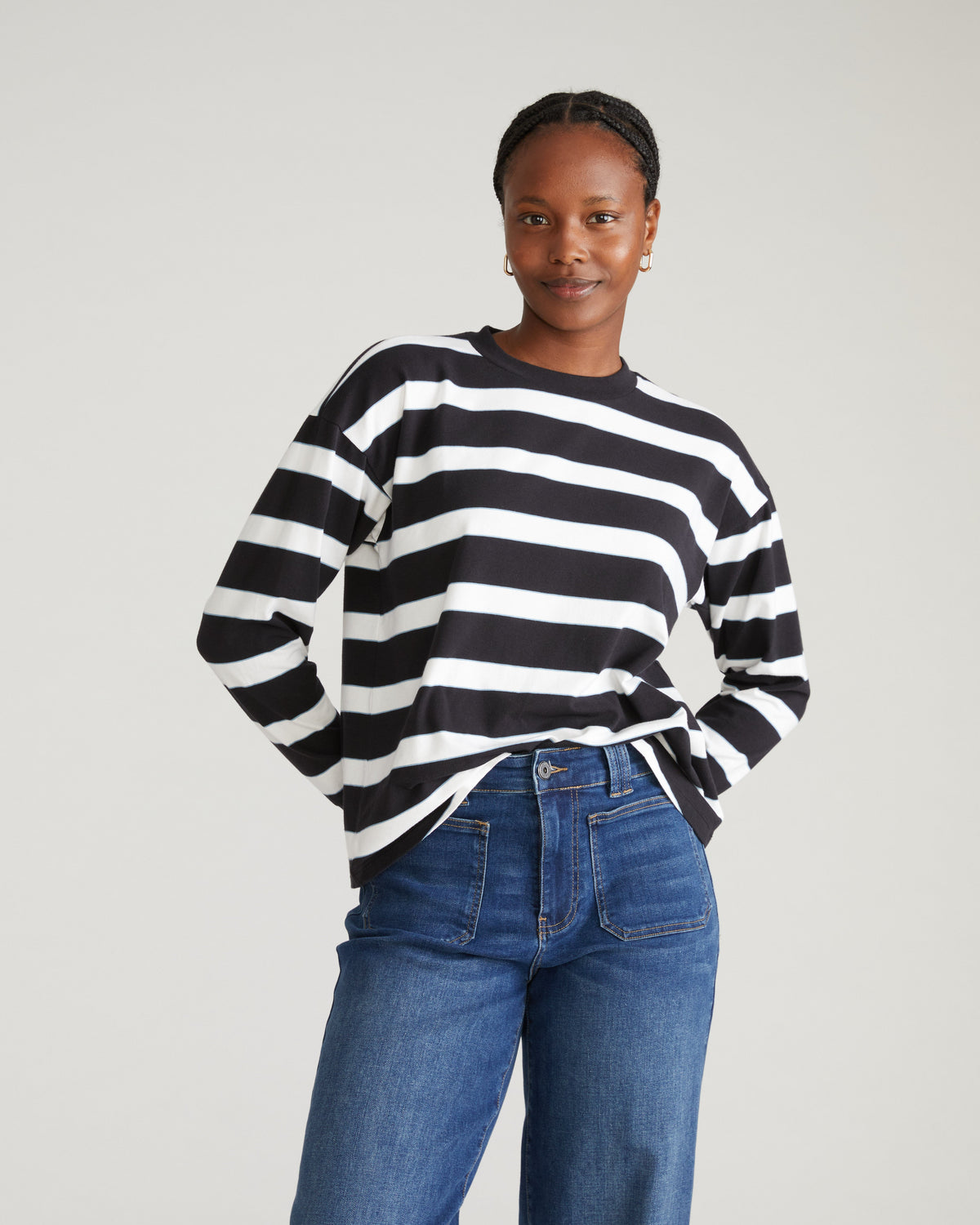 Long Sleeve Relaxed Tee - Black/White Stripe with Aqua Edge
