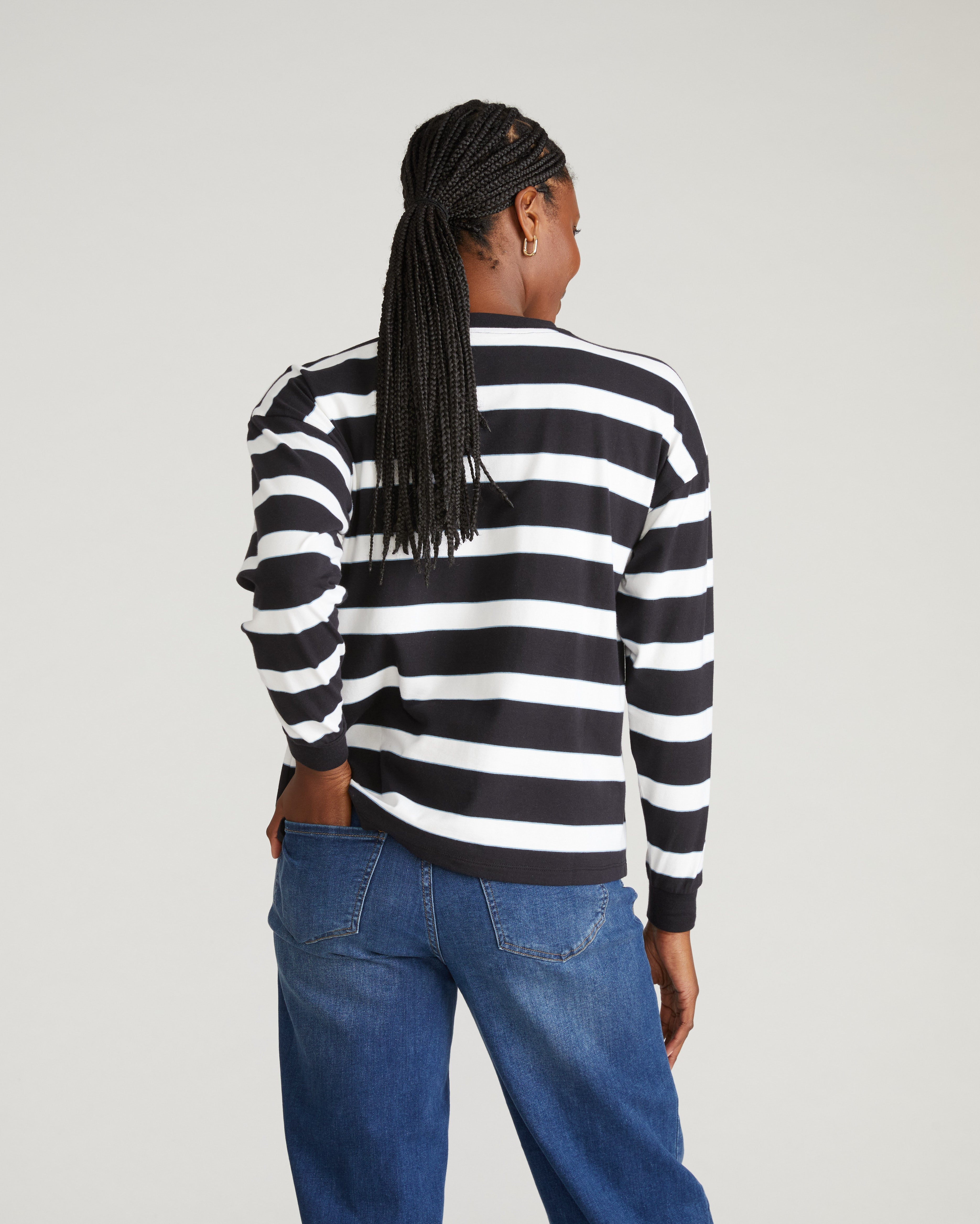 Long Sleeve Relaxed Tee - Black/White Stripe with Aqua Edge