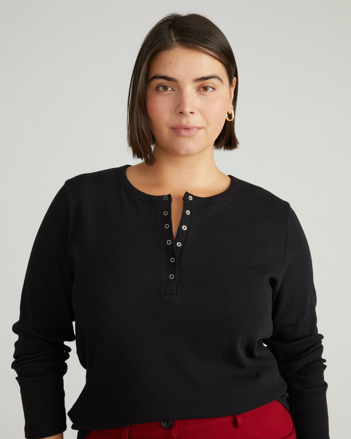 Henley Long Sleeve Ribbed Tee - Black