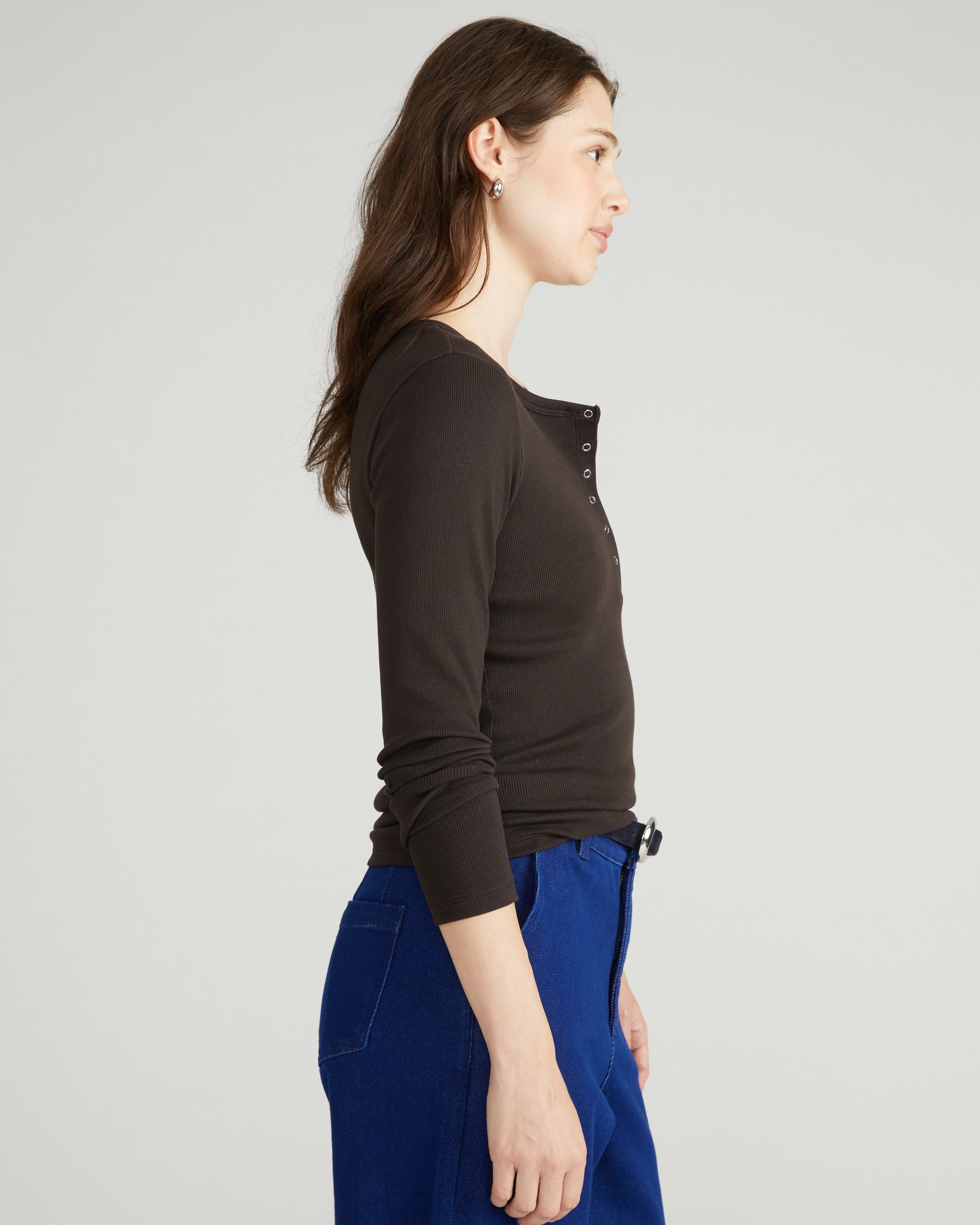 Henley Long Sleeve Ribbed Tee - Espresso