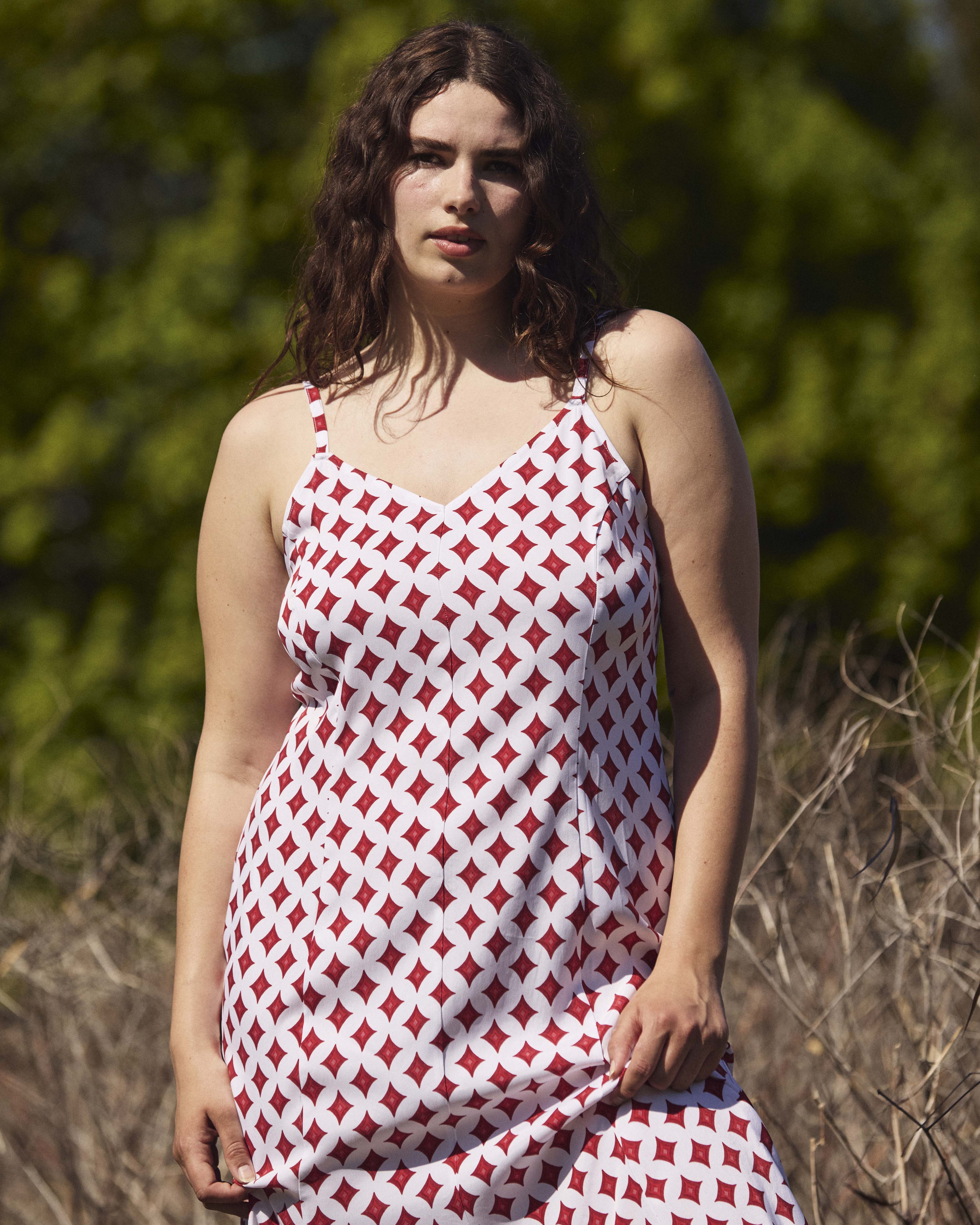 Amber Cooling Cupro Slip Dress - Morningstar Print in Red