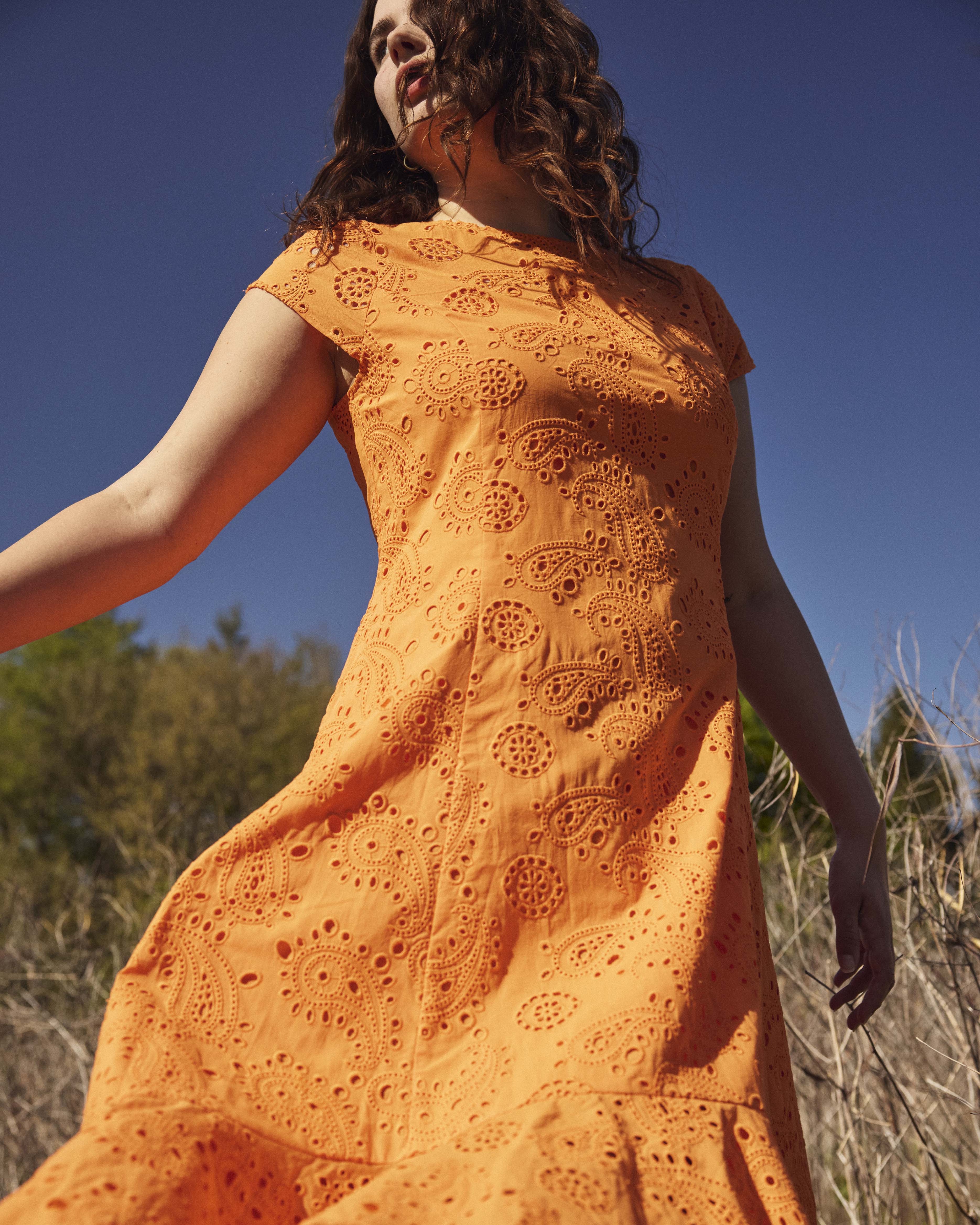Sunset Cotton Eyelet Flounce Dress - Arancia
