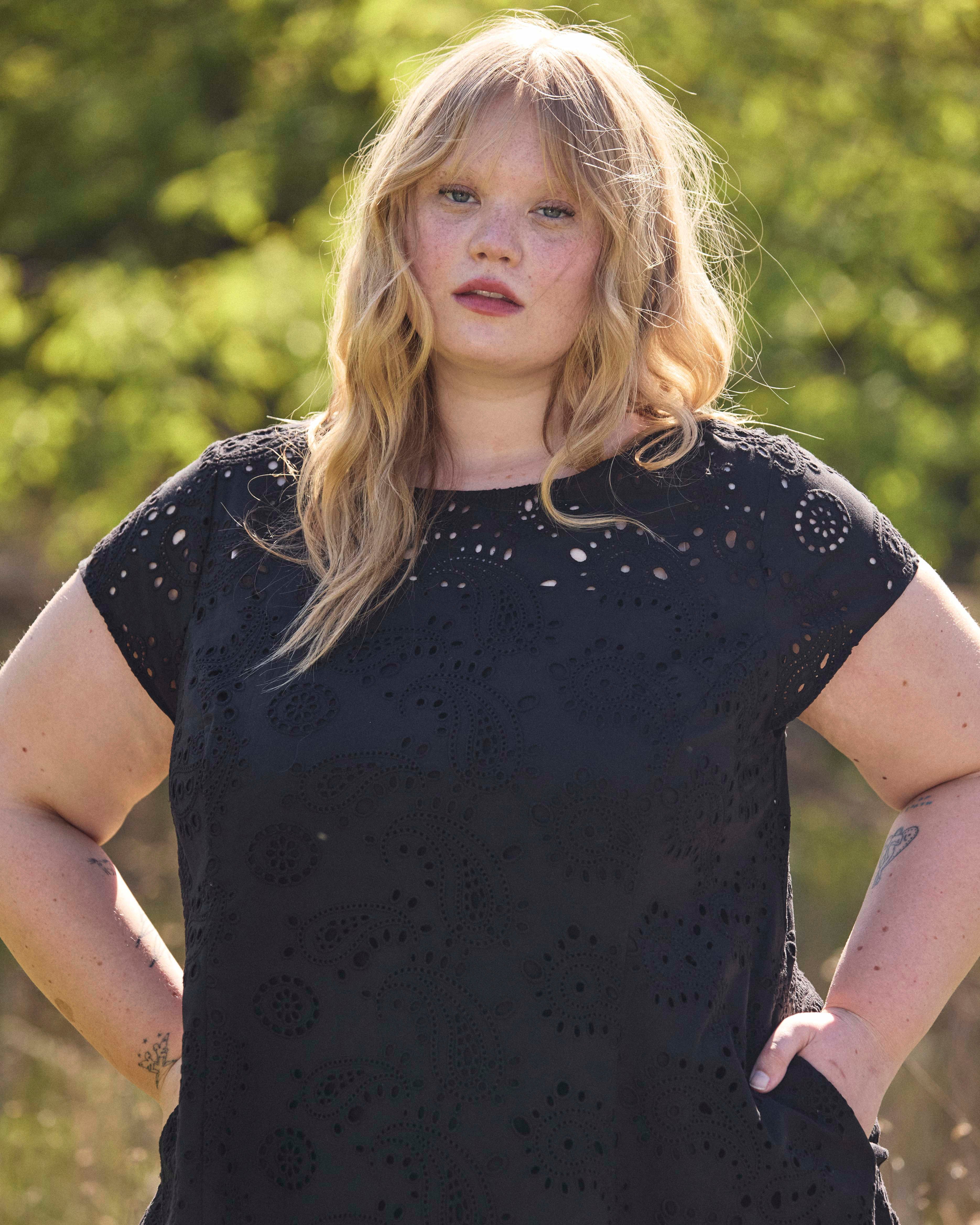 Sunset Cotton Eyelet Flounce Dress - Black