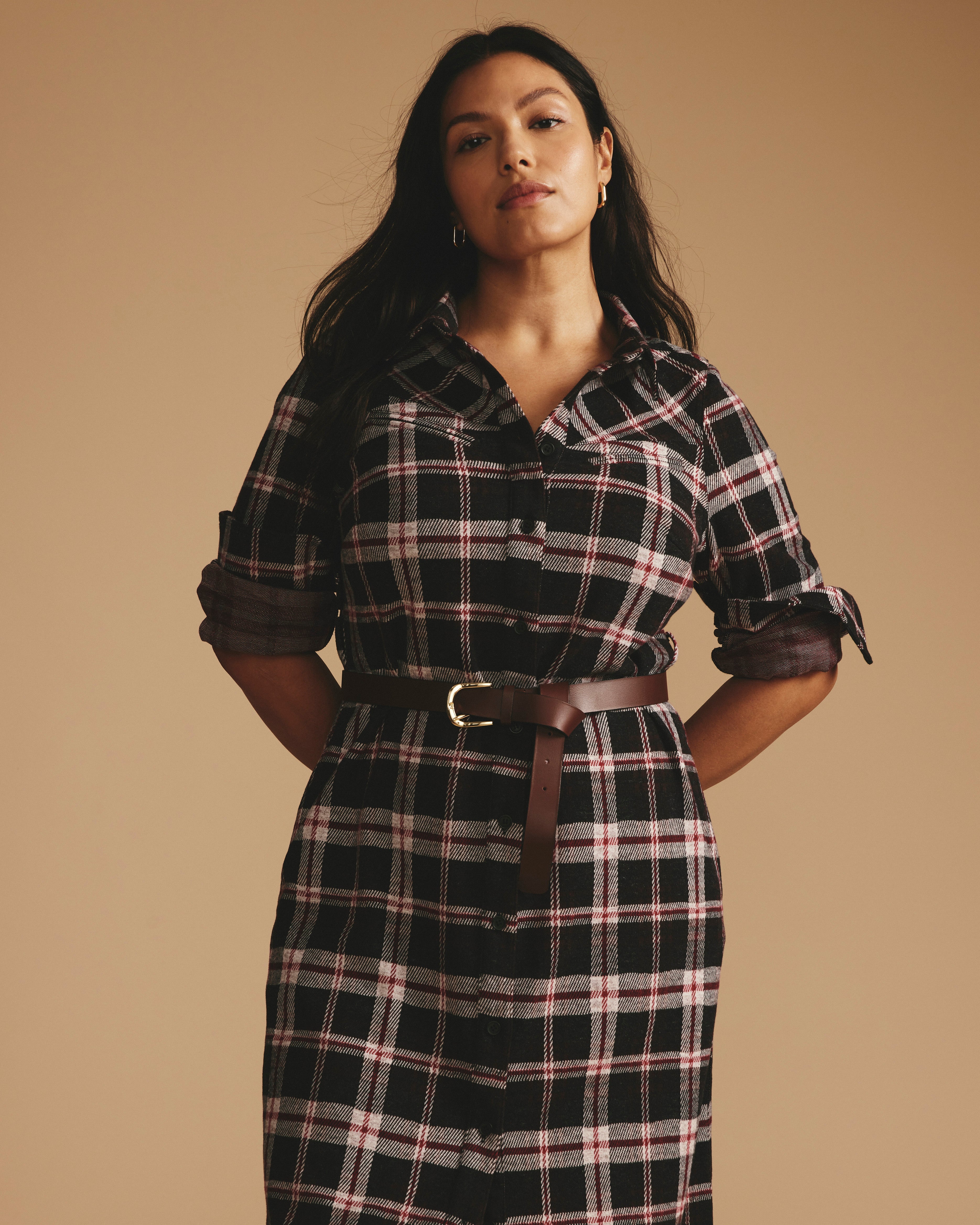 Morgan Belted Stretch Flannel Shirtdress - Poppy Plaid