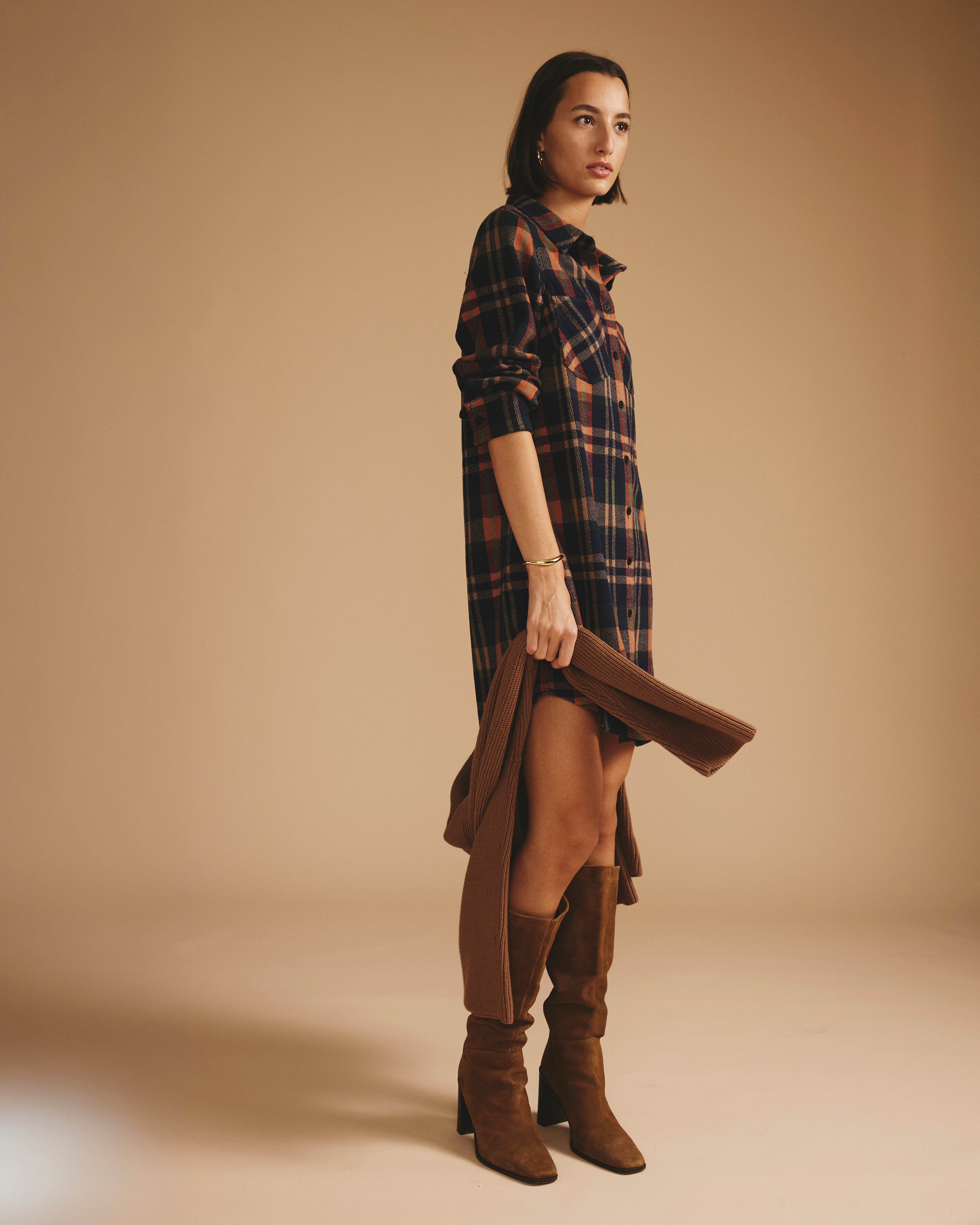 Maine Stretch Flannel Shirtdress - Autumn Apple Plaid