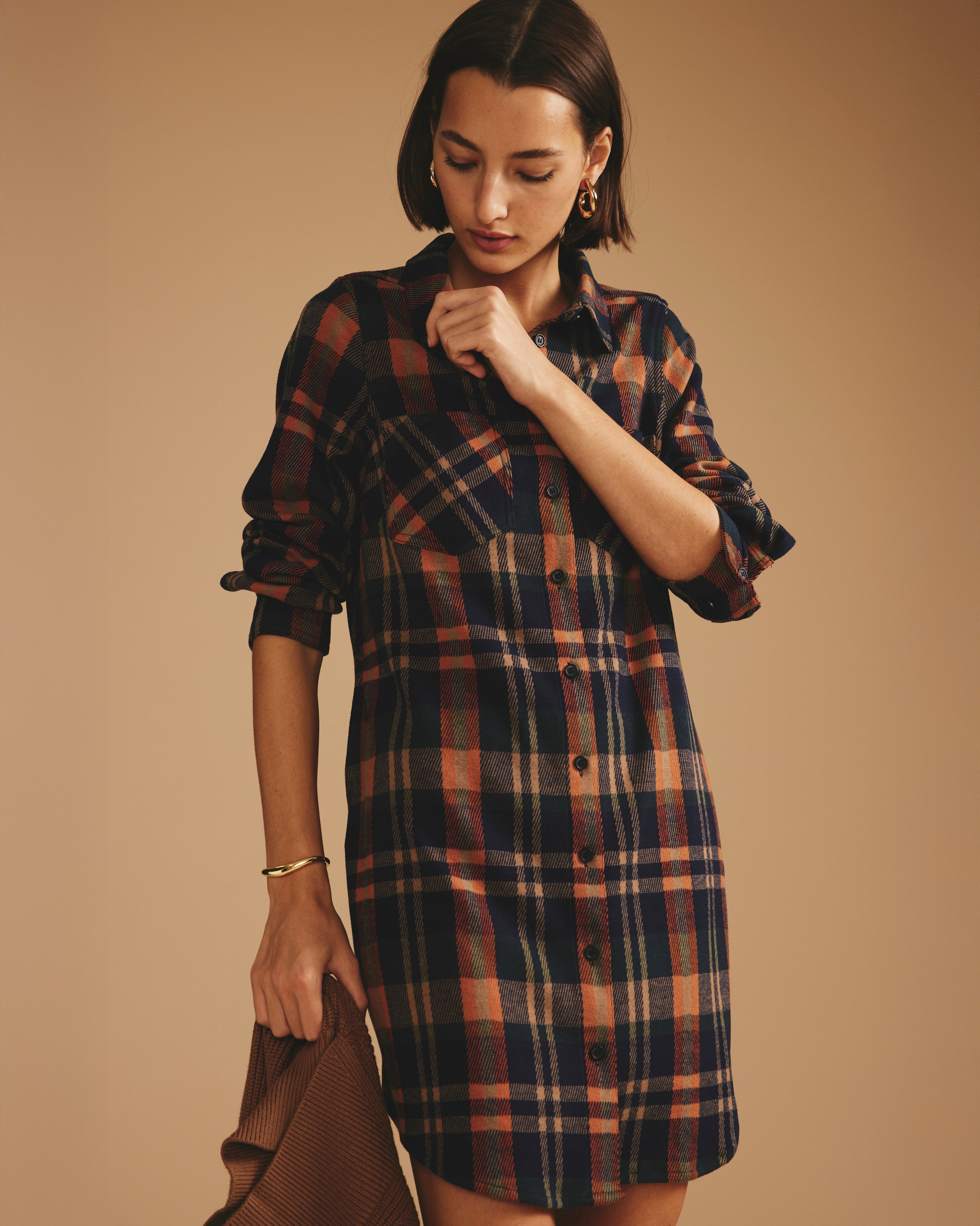 Maine Stretch Flannel Shirtdress - Autumn Apple Plaid