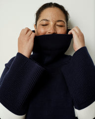 Better-Than-Wool Oversize Turtleneck Sweater - Navy/Cream Stripes with Red Hem