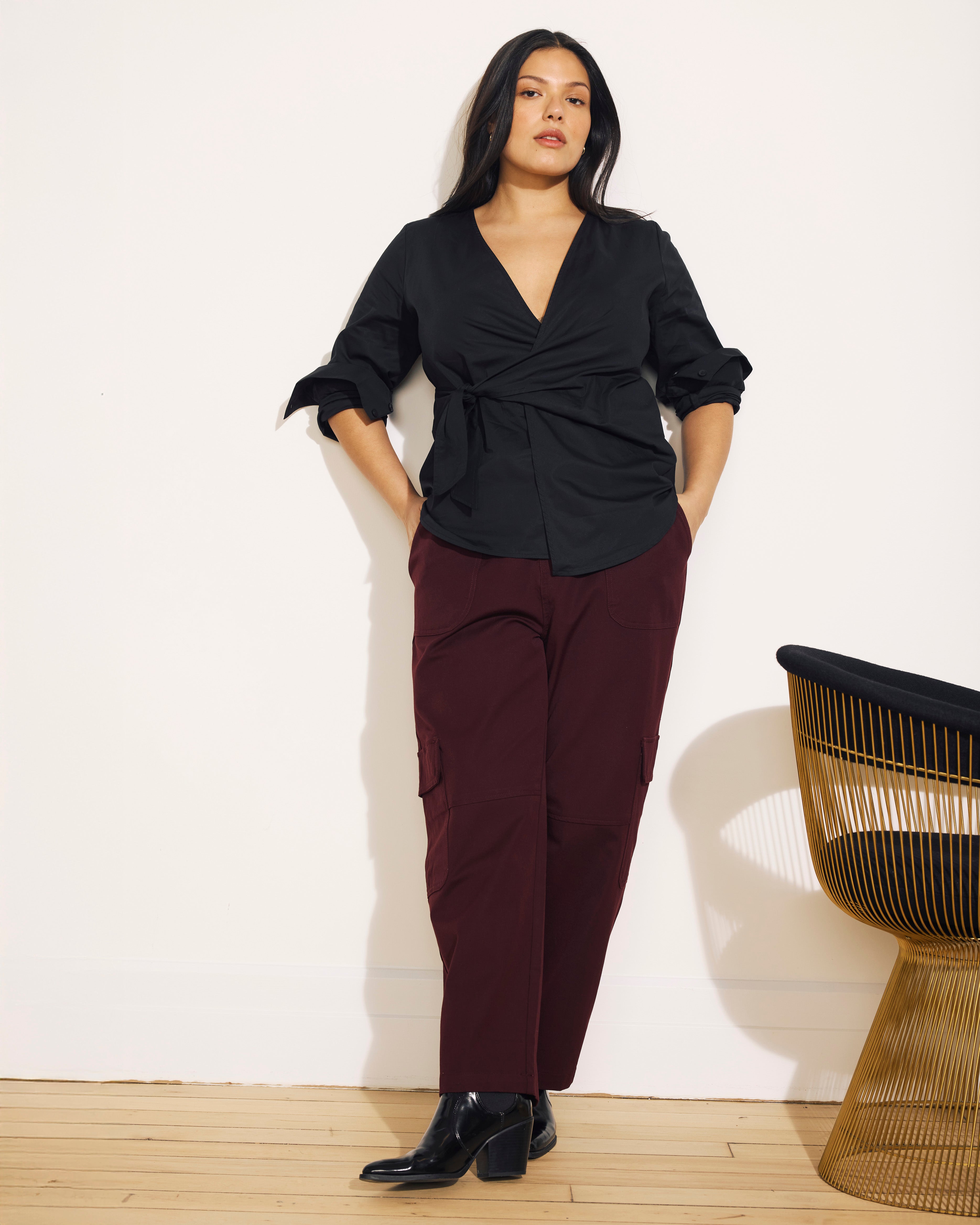 Karlee Stretch Cotton Twill Cargo Pants - Black Cherry